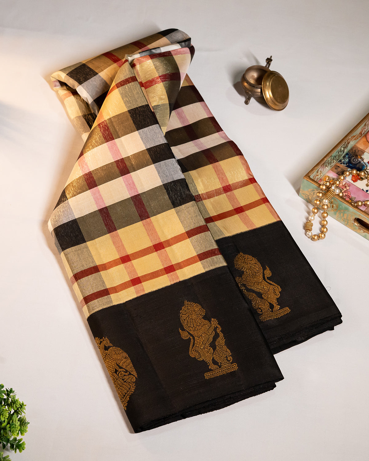 BM Silks New Trendy Pure Silk Kanchipuram Saree with Burberry Checks and Black Border | 1Gm Gold Zari Silkmark Certified Saree