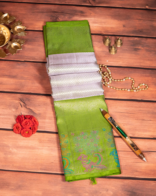 BM Silks Grey Bridal Kanchipuram Silk Saree with Turning Green Border | 2Gm Gold Zari | Pure Silkmark Certified