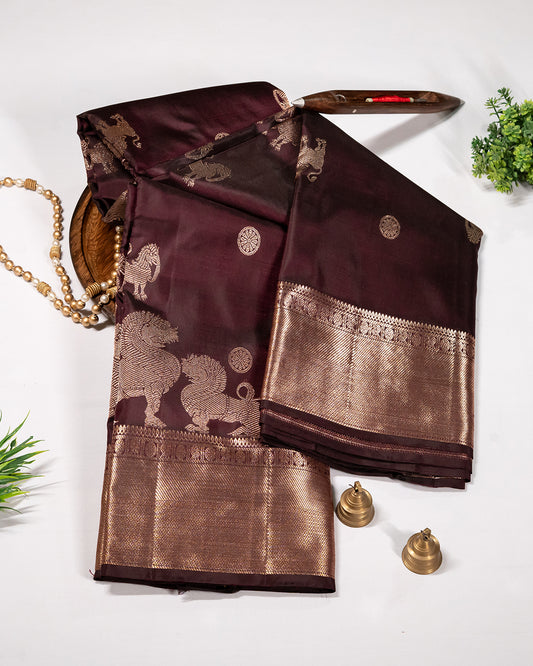 Brown Kanchipuram Pure Silk Saree with 2Gm Gold Zari, Self Border, Yali & Singam Motifs, Silkmark Certified