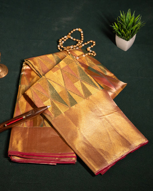 Gold Pink Green Kanchipuram Tissue Silk Saree with Geometrical Pattern and 1Gm Gold Zari