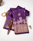 BM Silks Violet Kanchipuram 100% Pure Silk Saree with Gold Zari, Self Border, and Traditional Yali & Singam Motifs