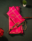 Pink Partli Kanchipuram Silk Saree with Ikkat Pleats Design and 2Gm Gold Zari | Pure Silk Silkmark Certified Self Border Saree
