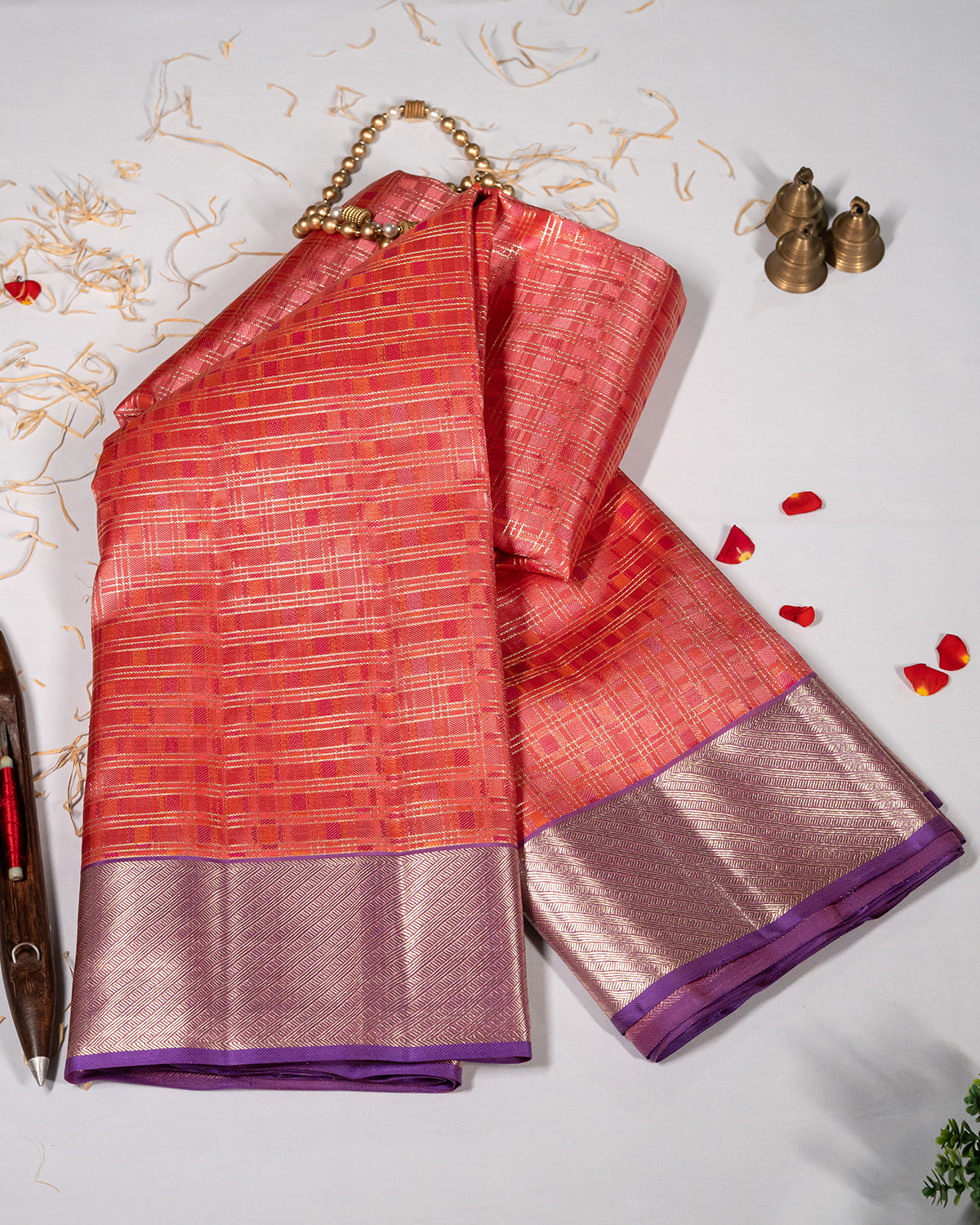 Kanchipuram Pure Silk Saree – Pink Body with Multicolor Podi Checks and Lavender Korvai Border, Silkmark Certified