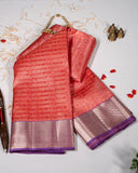 Kanchipuram Pure Silk Saree – Pink Body with Multicolor Podi Checks and Lavender Korvai Border, Silkmark Certified