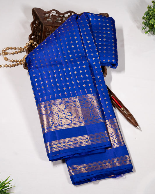 Traditional Kanchipuram MS Blue 100% Pure Silk Saree with 2Gm Gold Zari, Self Gap Border & Plus Butta, Silkmark Certified