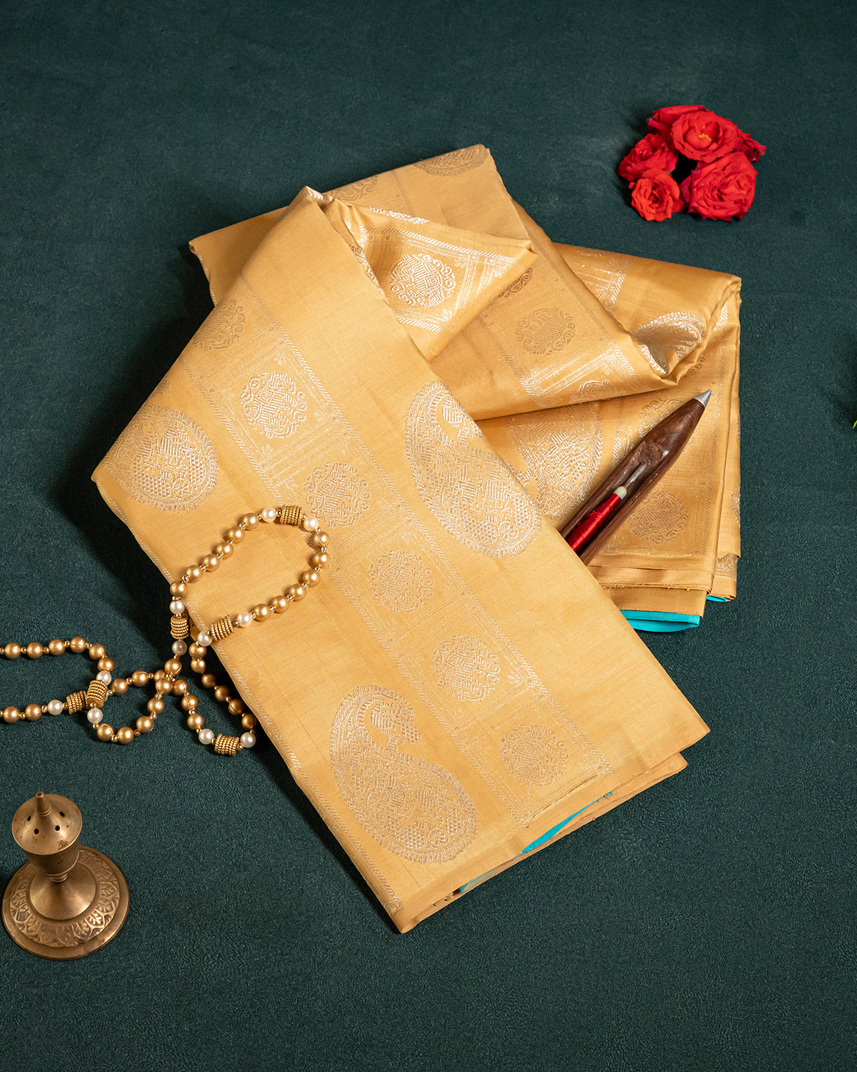 Pastel Sandal Kanchipuram Silk Saree with Silver Zari Elephant and Peacock Motifs | 1Gm Gold Zari Borderless Pure Silk Saree