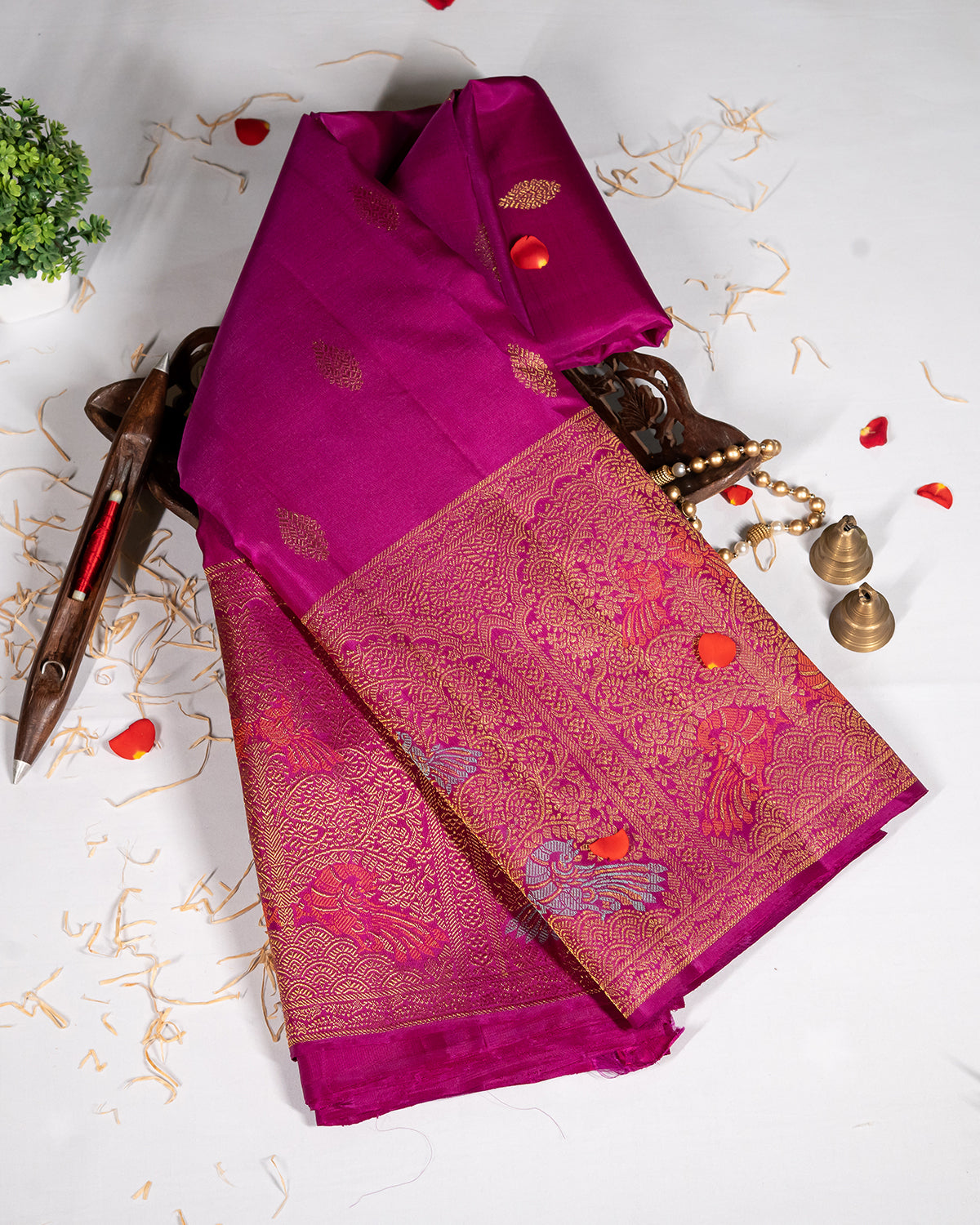 Majenta Pure Kanchipuram Silk Saree with Meena Turning Self Border | 2Gm Gold Zari | 100% Silkmark Certified