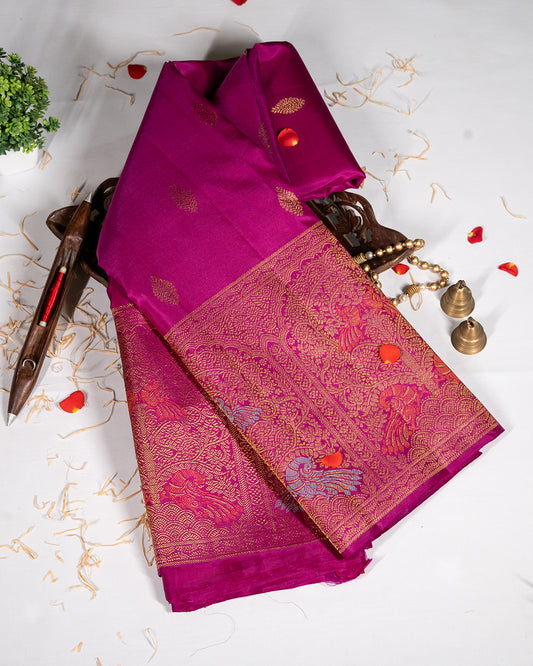 Majenta Pure Kanchipuram Silk Saree with Meena Turning Self Border | 2Gm Gold Zari | 100% Silkmark Certified