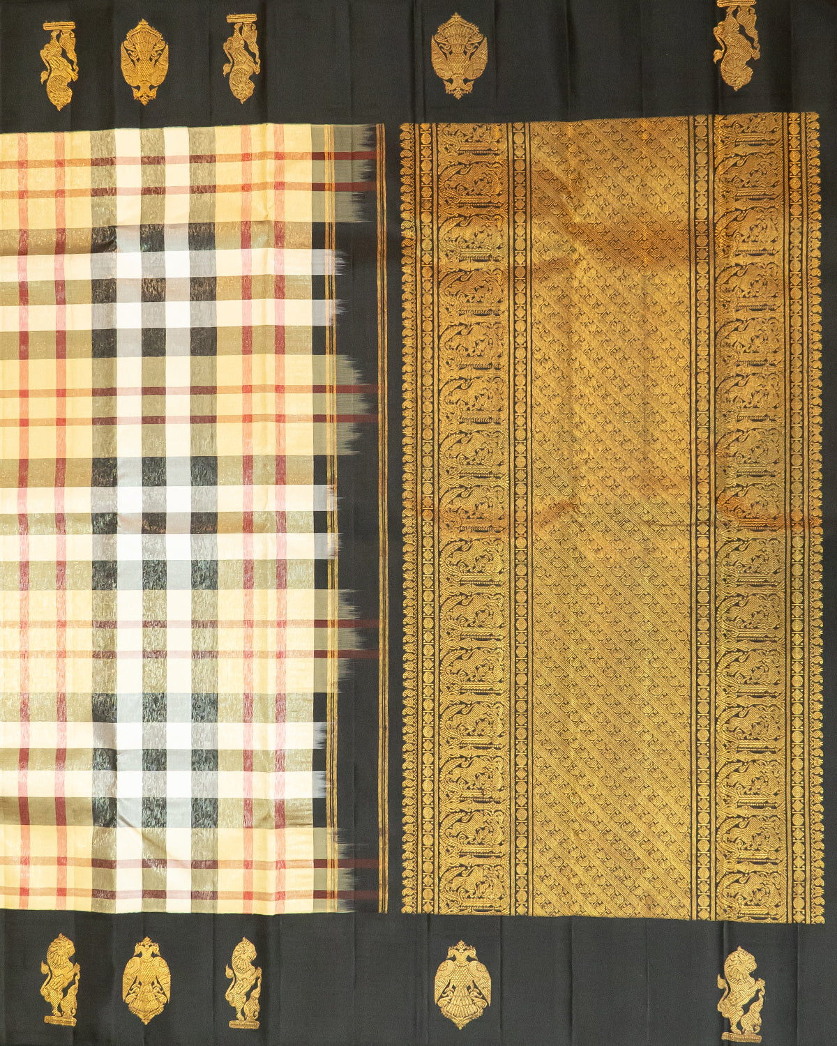 BM Silks New Trendy Pure Silk Kanchipuram Saree with Burberry Checks and Black Border | 1Gm Gold Zari Silkmark Certified Saree