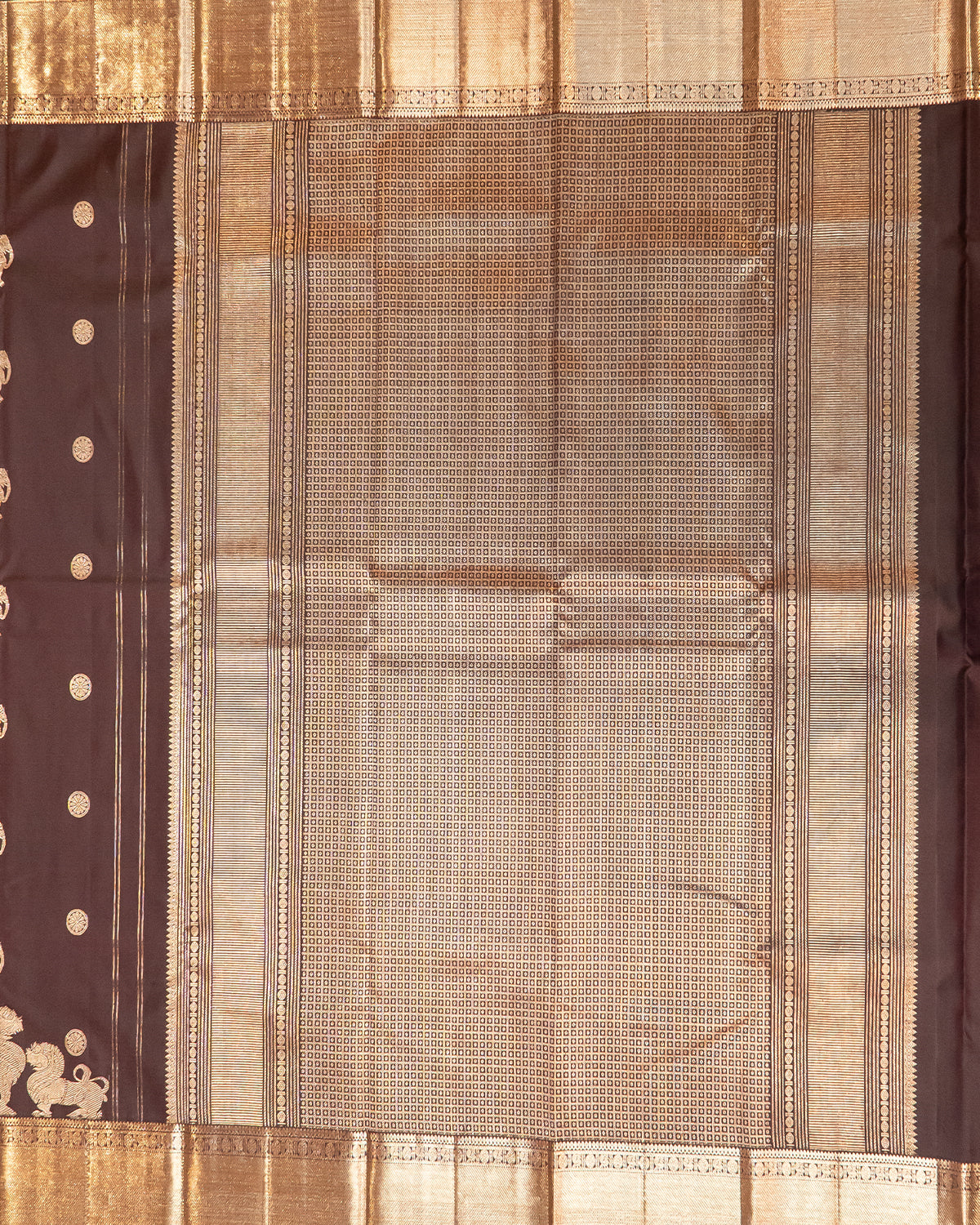 Brown Kanchipuram Pure Silk Saree with 2Gm Gold Zari, Self Border, Yali & Singam Motifs, Silkmark Certified