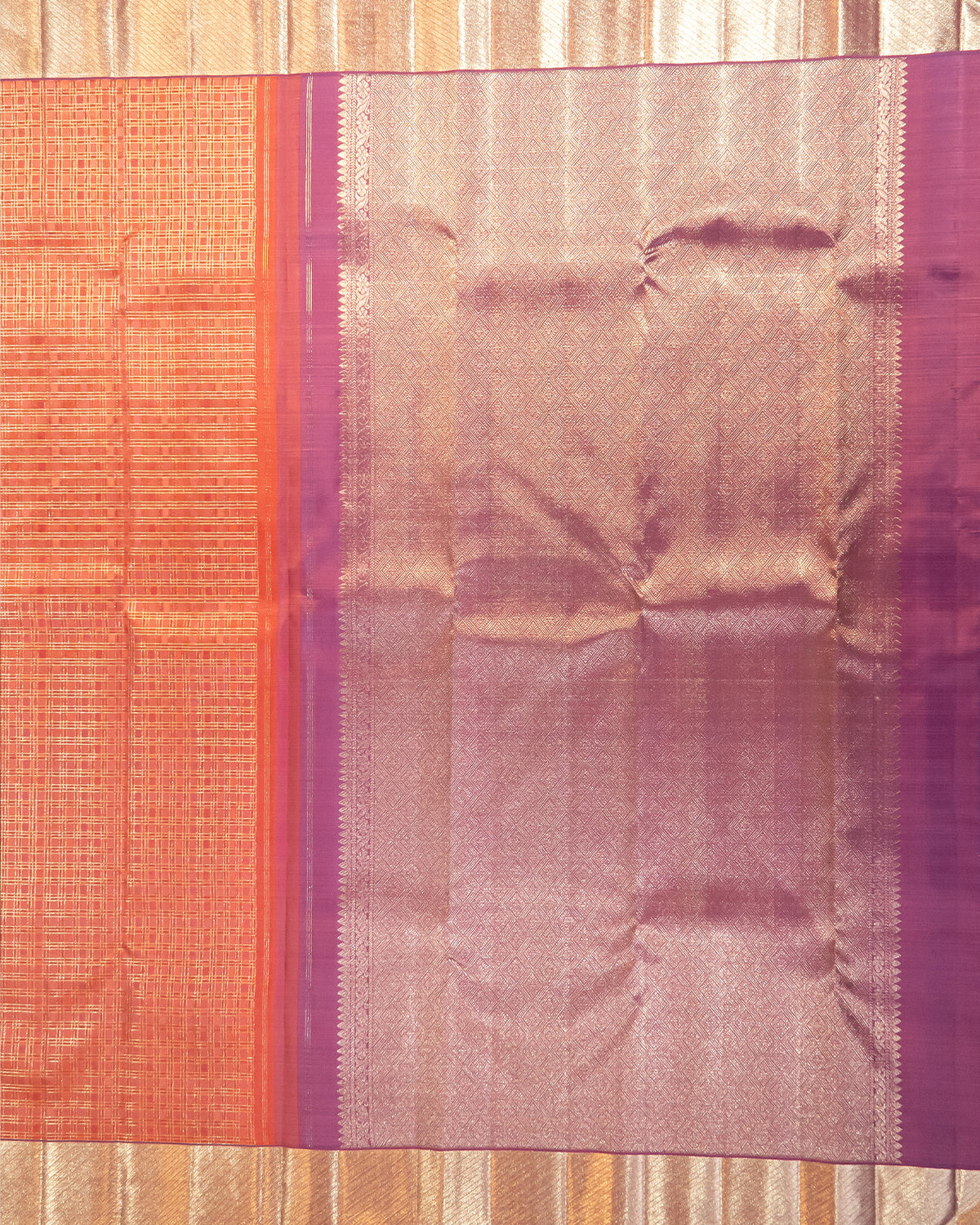 Kanchipuram Pure Silk Saree – Pink Body with Multicolor Podi Checks and Lavender Korvai Border, Silkmark Certified