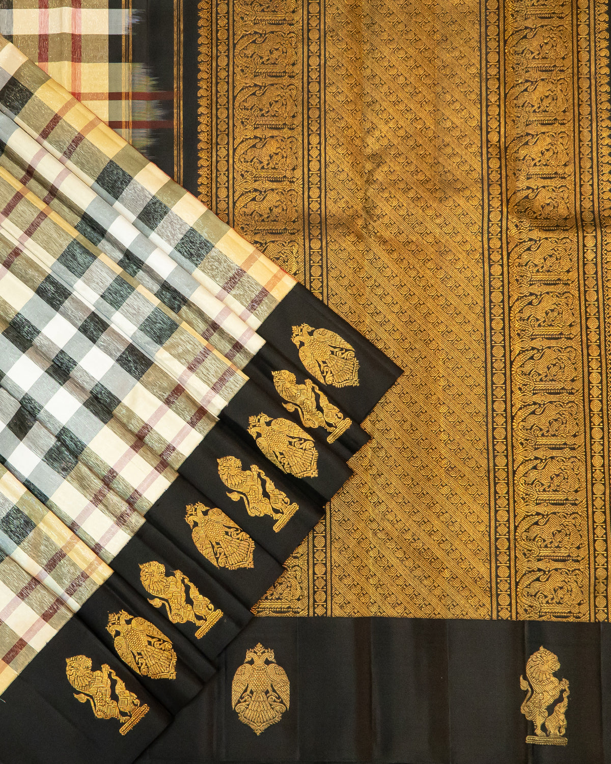 BM Silks New Trendy Pure Silk Kanchipuram Saree with Burberry Checks and Black Border | 1Gm Gold Zari Silkmark Certified Saree