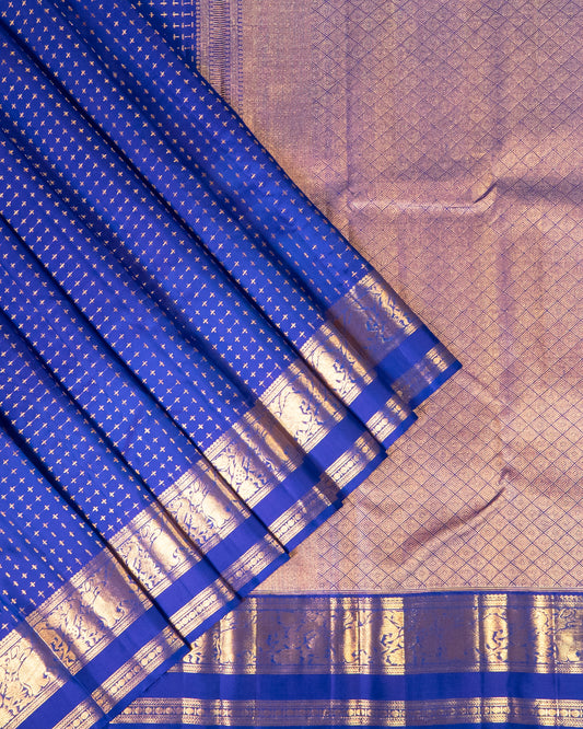 Traditional Kanchipuram MS Blue 100% Pure Silk Saree with 2Gm Gold Zari, Self Gap Border & Plus Butta, Silkmark Certified