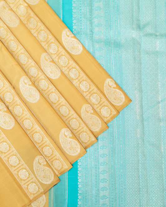 Pastel Sandal Kanchipuram Silk Saree with Silver Zari Elephant and Peacock Motifs | 1Gm Gold Zari Borderless Pure Silk Saree