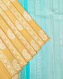 Pastel Sandal Kanchipuram Silk Saree with Silver Zari Elephant and Peacock Motifs | 1Gm Gold Zari Borderless Pure Silk Saree