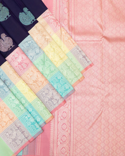 Big Border Korvai Silk Saree with Vibrant Multi Colour Contrast Border - Authentic Kanchipuram by BM Silks