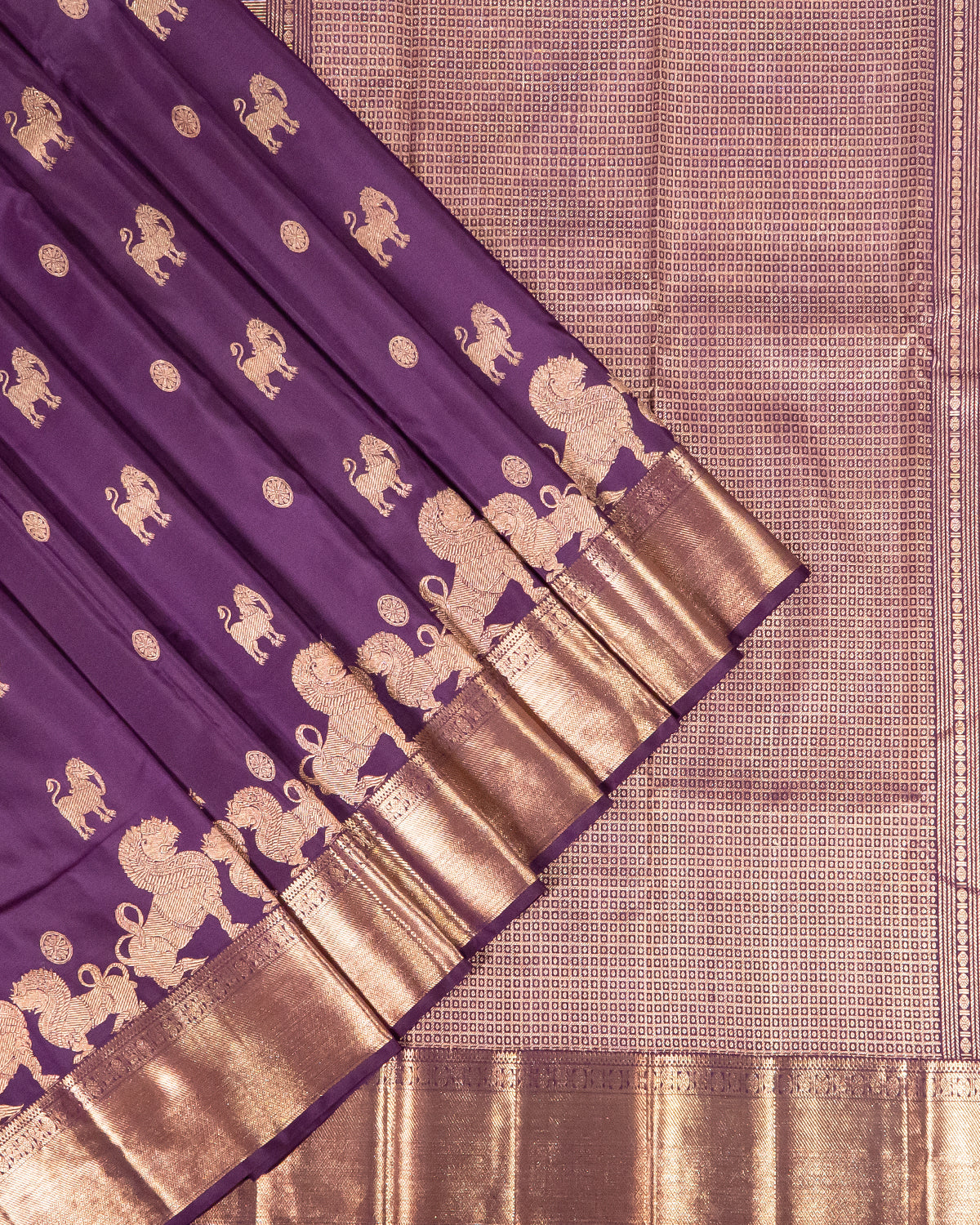 BM Silks Violet Kanchipuram 100% Pure Silk Saree with Gold Zari, Self Border, and Traditional Yali & Singam Motifs