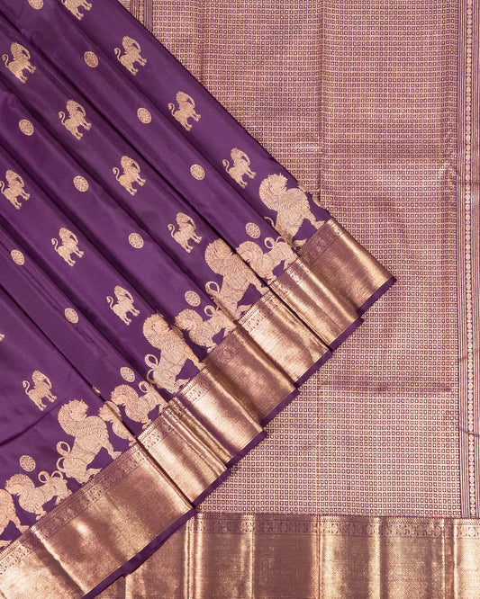 BM Silks Violet Kanchipuram 100% Pure Silk Saree with Gold Zari, Self Border, and Traditional Yali & Singam Motifs