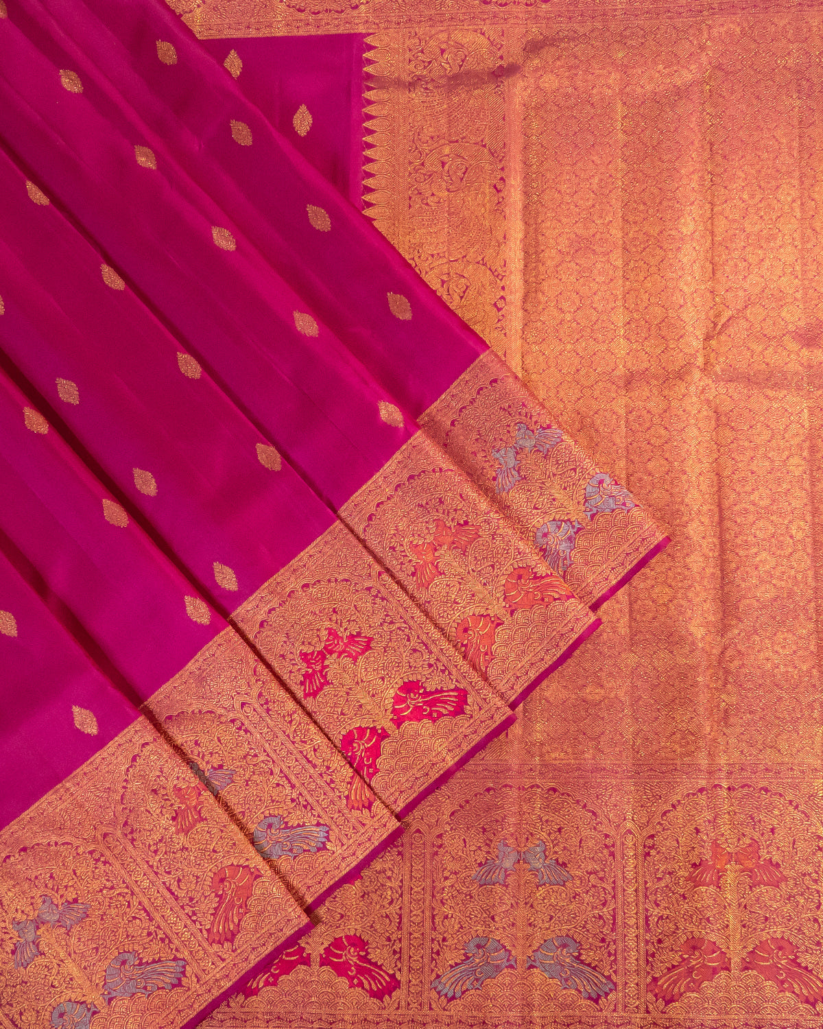 Majenta Pure Kanchipuram Silk Saree with Meena Turning Self Border | 2Gm Gold Zari | 100% Silkmark Certified