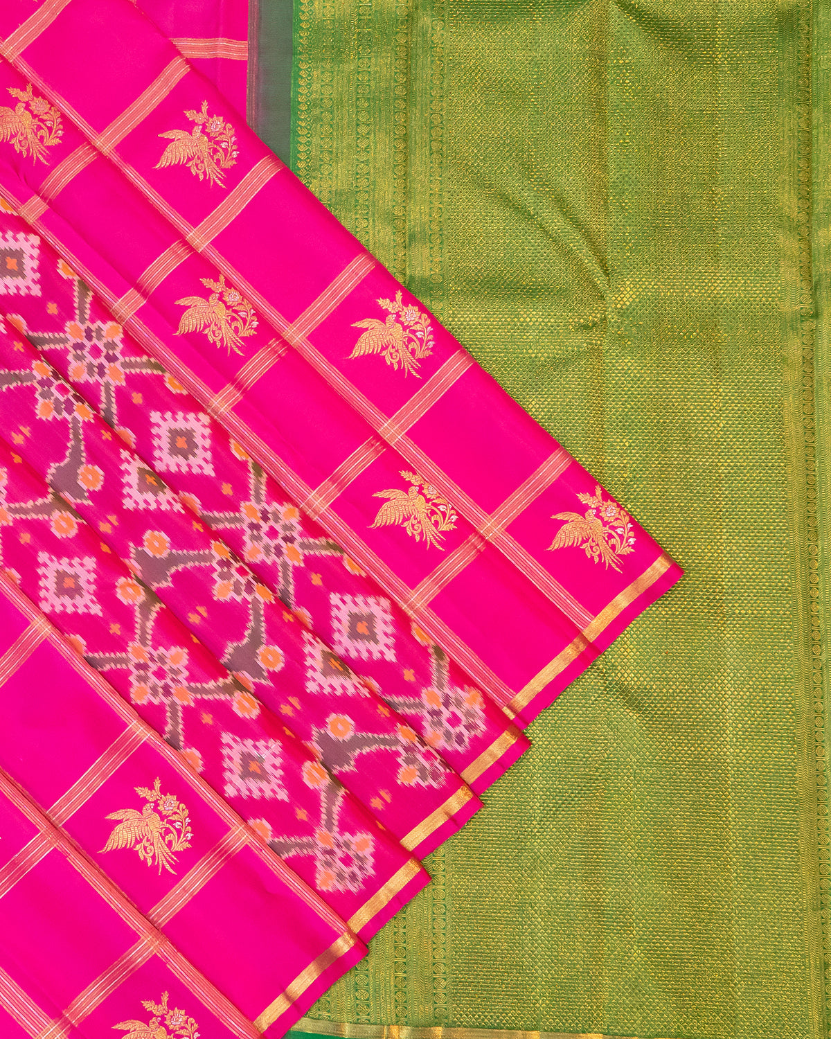 Pink Partli Kanchipuram Silk Saree with Ikkat Pleats Design and 2Gm Gold Zari | Pure Silk Silkmark Certified Self Border Saree