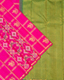 Pink Partli Kanchipuram Silk Saree with Ikkat Pleats Design and 2Gm Gold Zari | Pure Silk Silkmark Certified Self Border Saree
