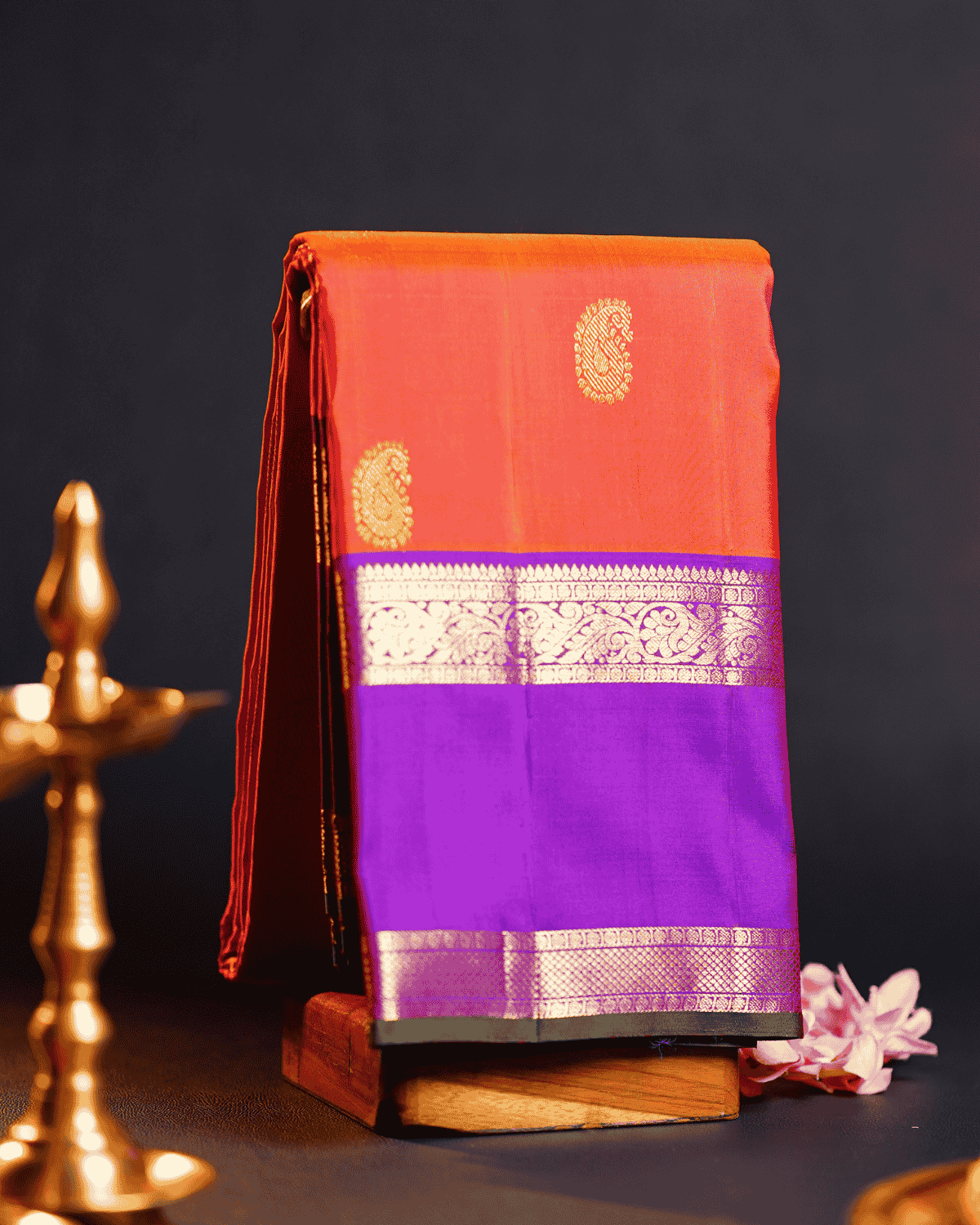 Luxurious Kanchipuram Silk Saree in Vibrant Orangish Pink & Violet with Dual Rettai Border, Mango Butta Motifs, and Premium One Gram Gold Zari