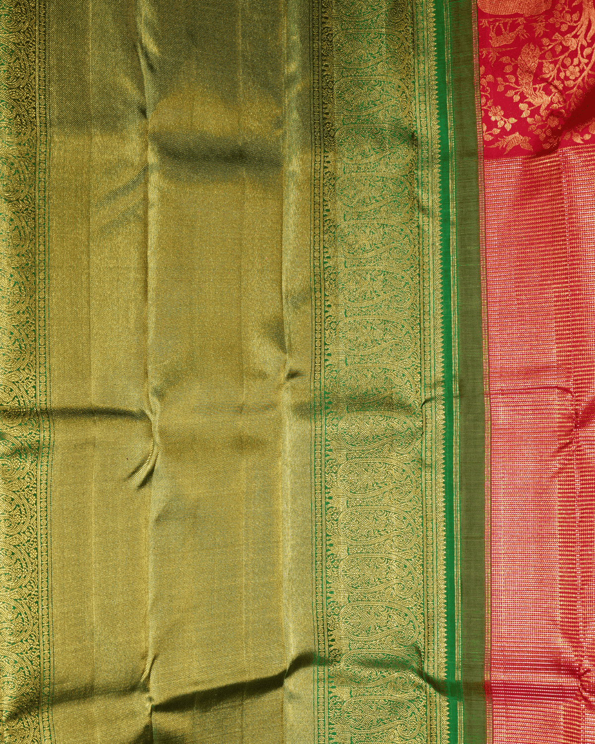 BM Silks Kanchipuram Silk Saree in Rich Red & Emerald Green Featuring Exquisite Vana Singaram Getti Border and  Two Gram Gold Zari