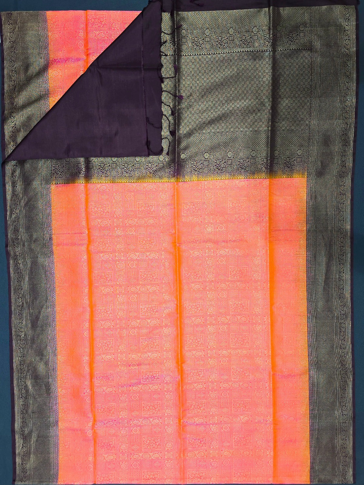 Elevate your style with our stunning Sunkissed Orange Kanchipuram Soft Silk Sarees with a classic Black Border