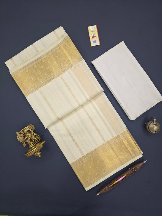 Bridal Dhoti, Angavastram and Shirt Set with Zari Stripes Pattern