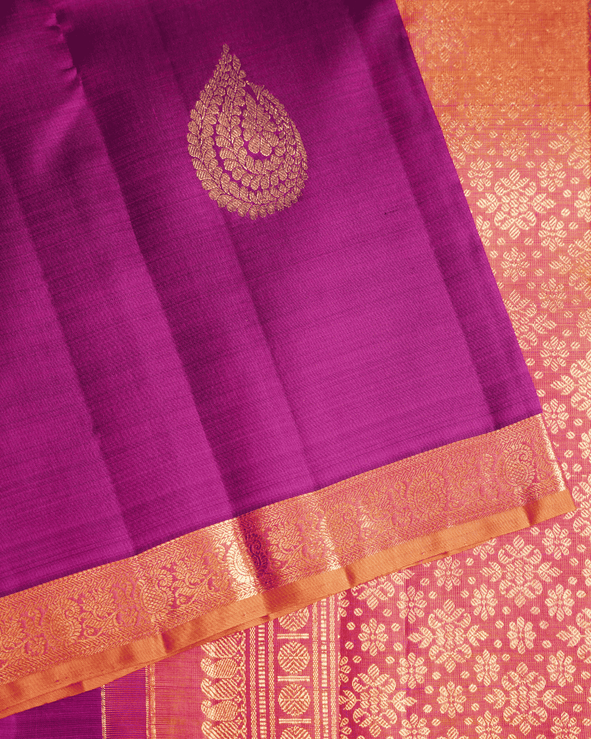 Kanchipuram Pure Silk Saree in Magenta and Mustard with Small Border, Adorned with One Gram Gold Zari – 100% Silkmark Certified