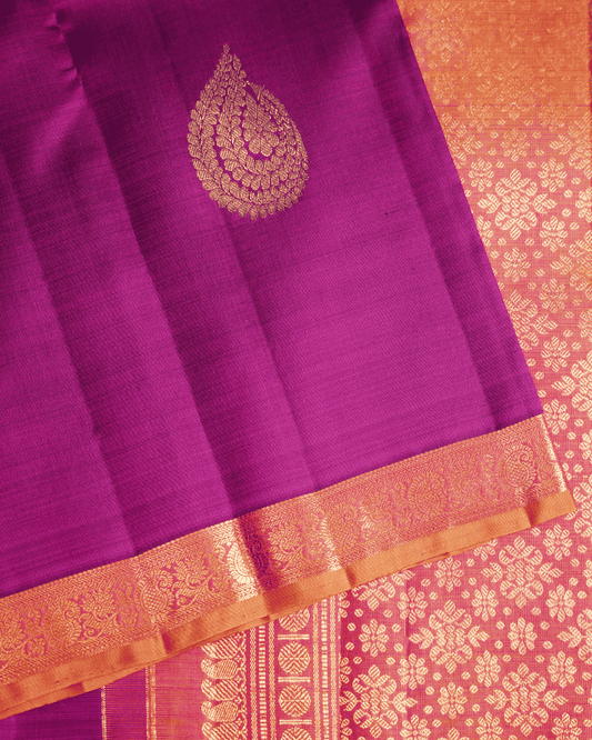 Kanchipuram Pure Silk Saree in Magenta and Mustard with Small Border, Adorned with One Gram Gold Zari – 100% Silkmark Certified
