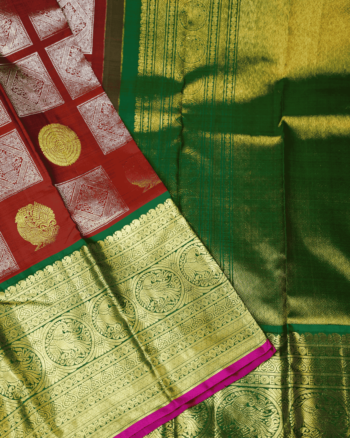 Rust Silk Saree with Green Border and One Gram Gold Zari – Rust Colour Korvai Border Traditional Silk Sari with Peacock and Square Butta with Gold and silver colour zari, 100% Silkmark Certified Silk