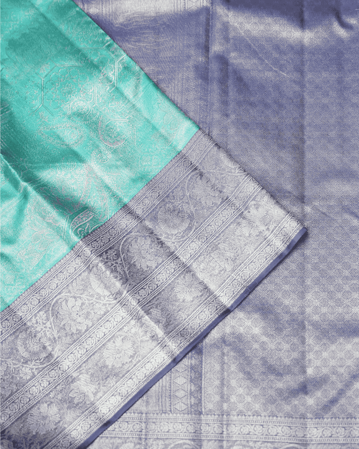 BM Silks Modern Elegant Pastel Bridal Silk Saree in Blue & Grey with Luxurious One Gram Gold Zari – Exquisitely Handcrafted in Pure Kanchipuram Silk