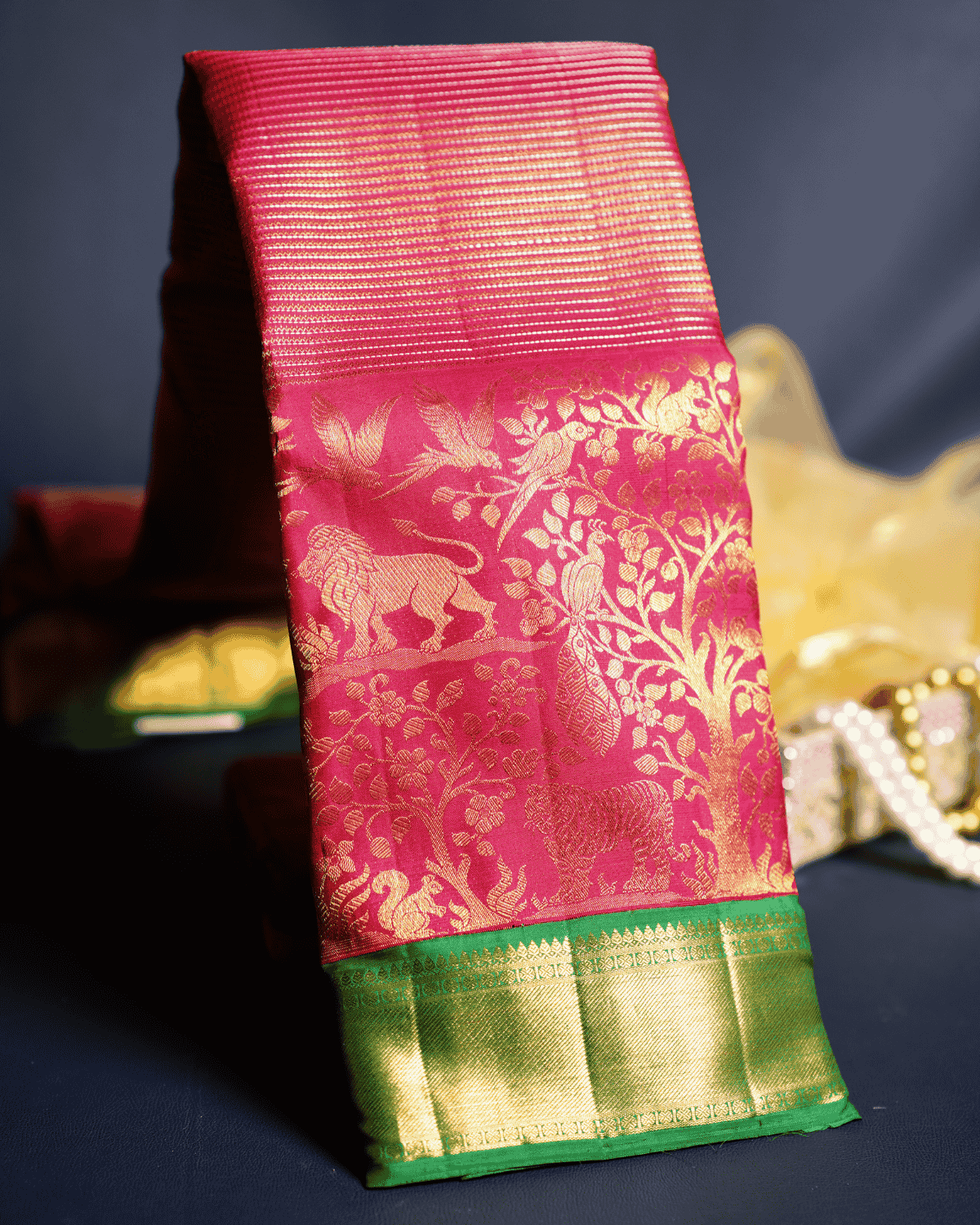 BM Silks Kanchipuram Silk Saree in Rich Red & Emerald Green Featuring Exquisite Vana Singaram Getti Border and  Two Gram Gold Zari