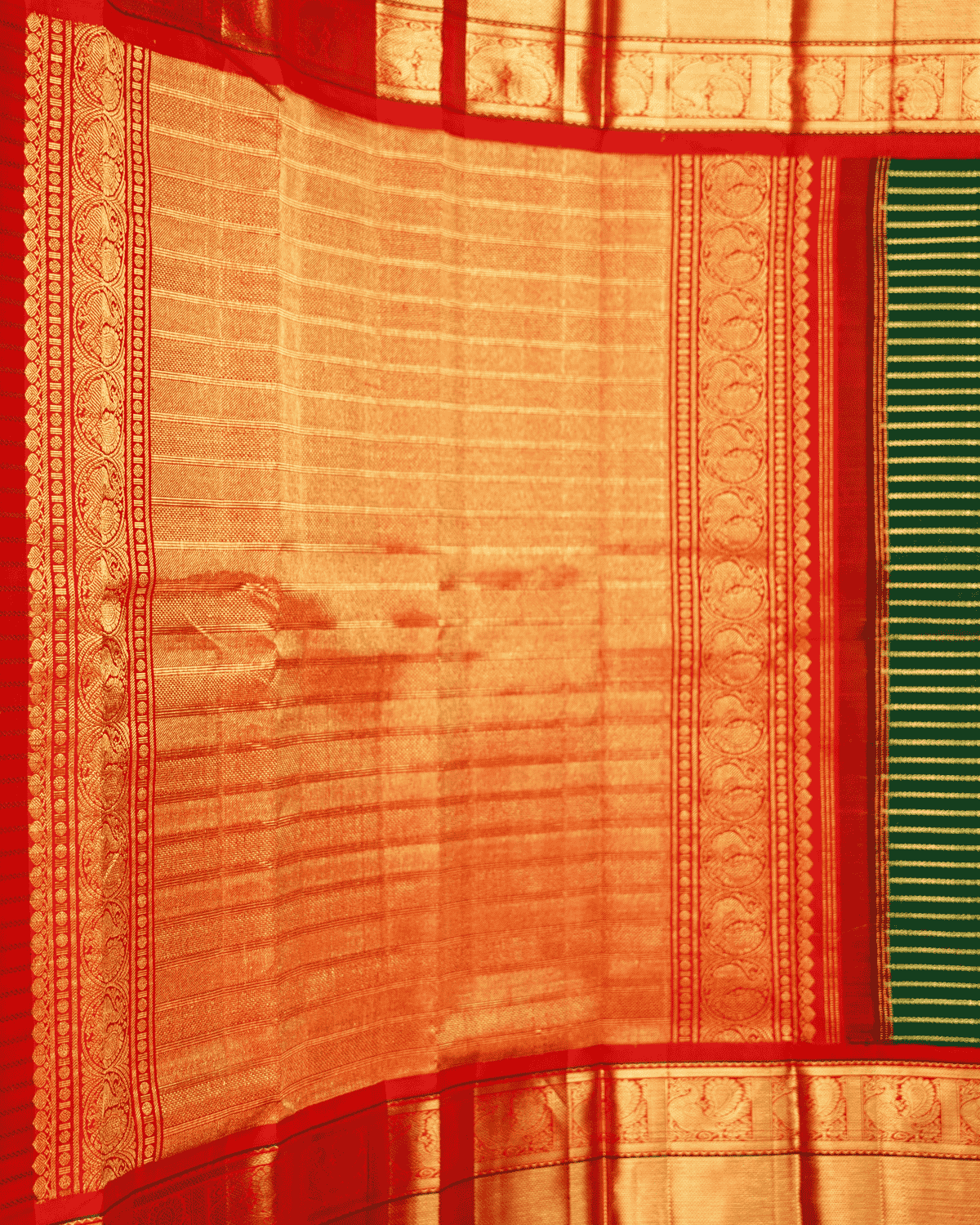 Green Silk Saree with Red Border and One Gram Gold Zari – Tradition korvai Vhel Dhari Elegant Silk sari, 100% Silkmark Certified Silk