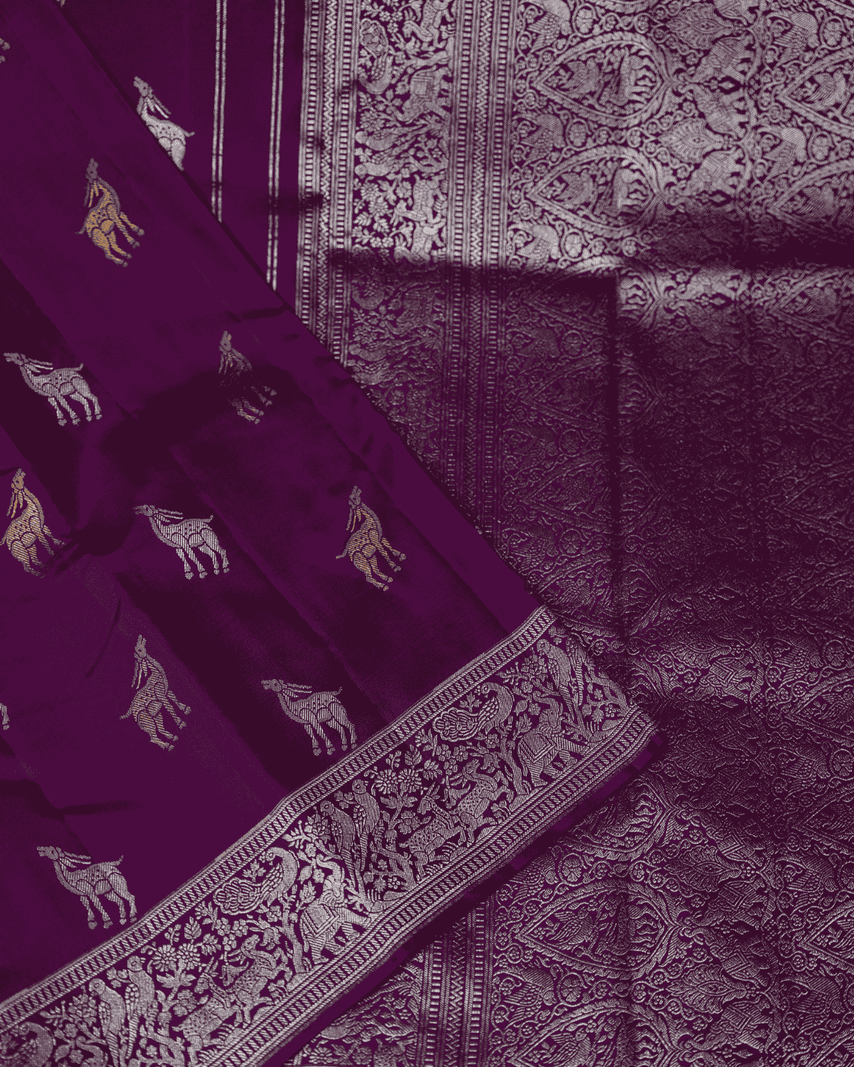 Violet Banaras Inspired Kanchipuram Silk sari with One Gram Gold Zari – Self Border, 100% Silkmark Certified Silk