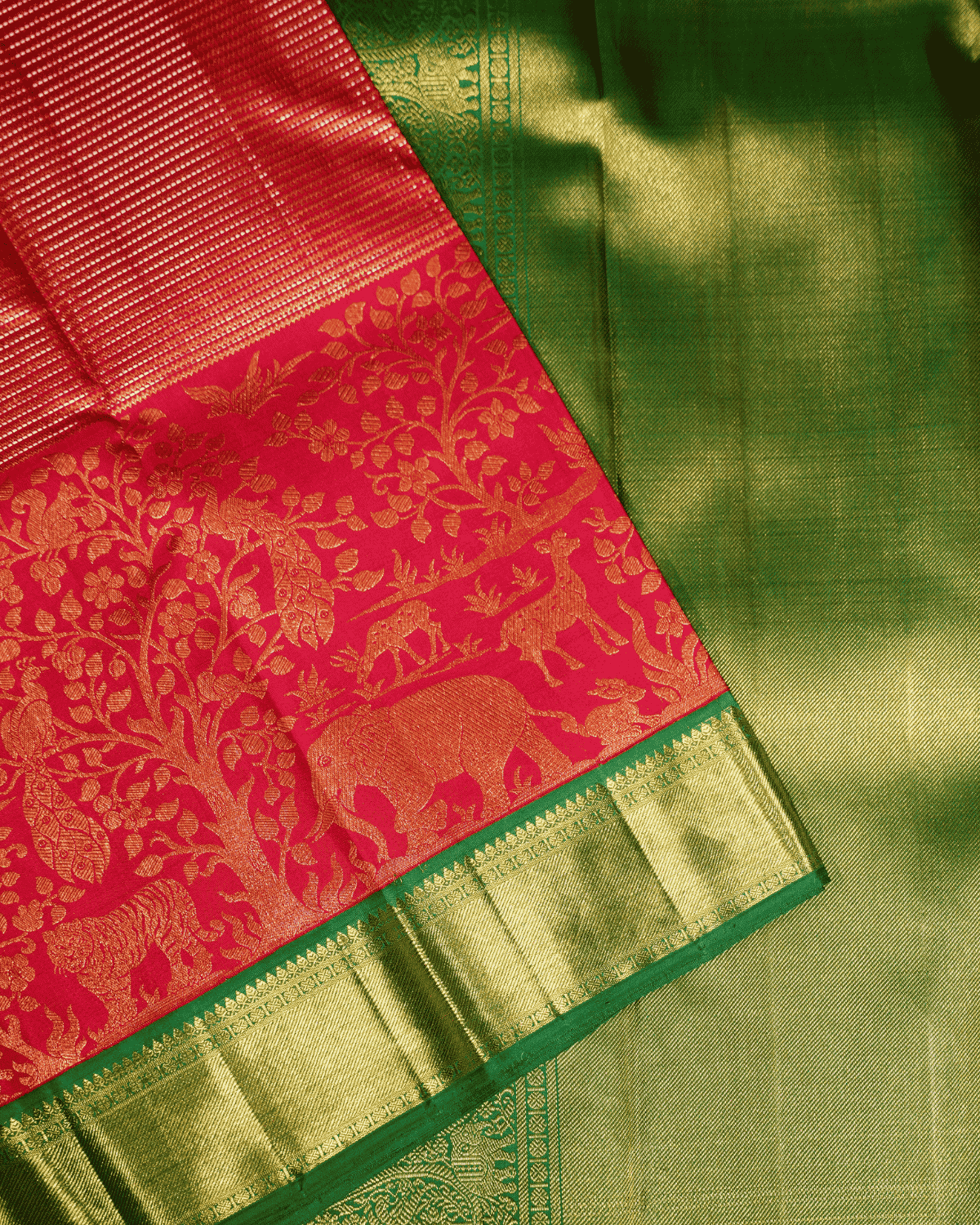 BM Silks Kanchipuram Silk Saree in Rich Red & Emerald Green Featuring Exquisite Vana Singaram Getti Border and  Two Gram Gold Zari