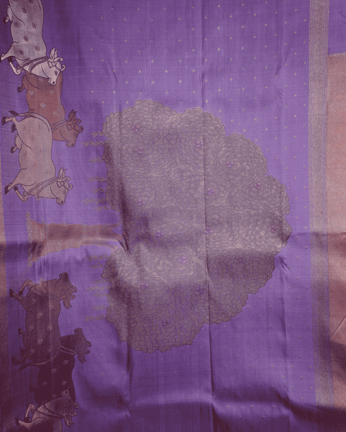 Pichwai Inspired Pastel Pink & Lavender Kanchipuram Silk Saree with Two Gram Gold Zari – Luxuriously Handcrafted.