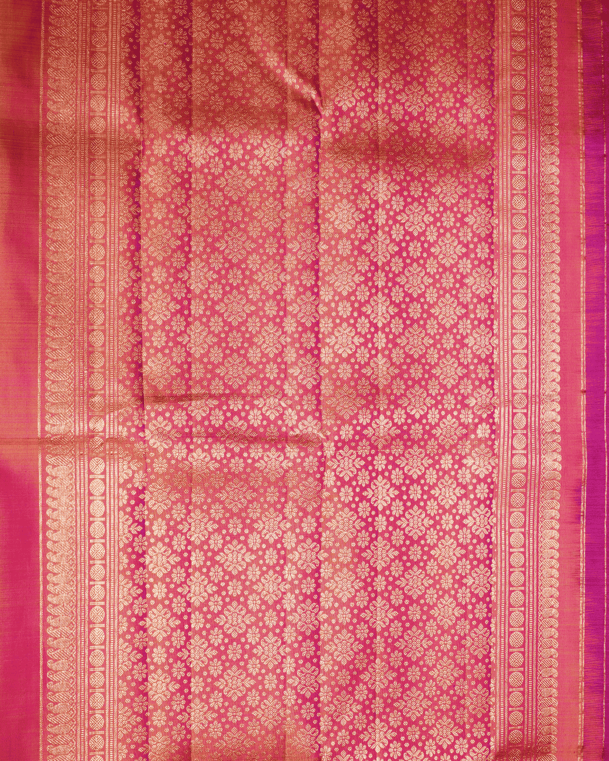 Kanchipuram Pure Silk Saree in Magenta and Mustard with Small Border, Adorned with One Gram Gold Zari – 100% Silkmark Certified