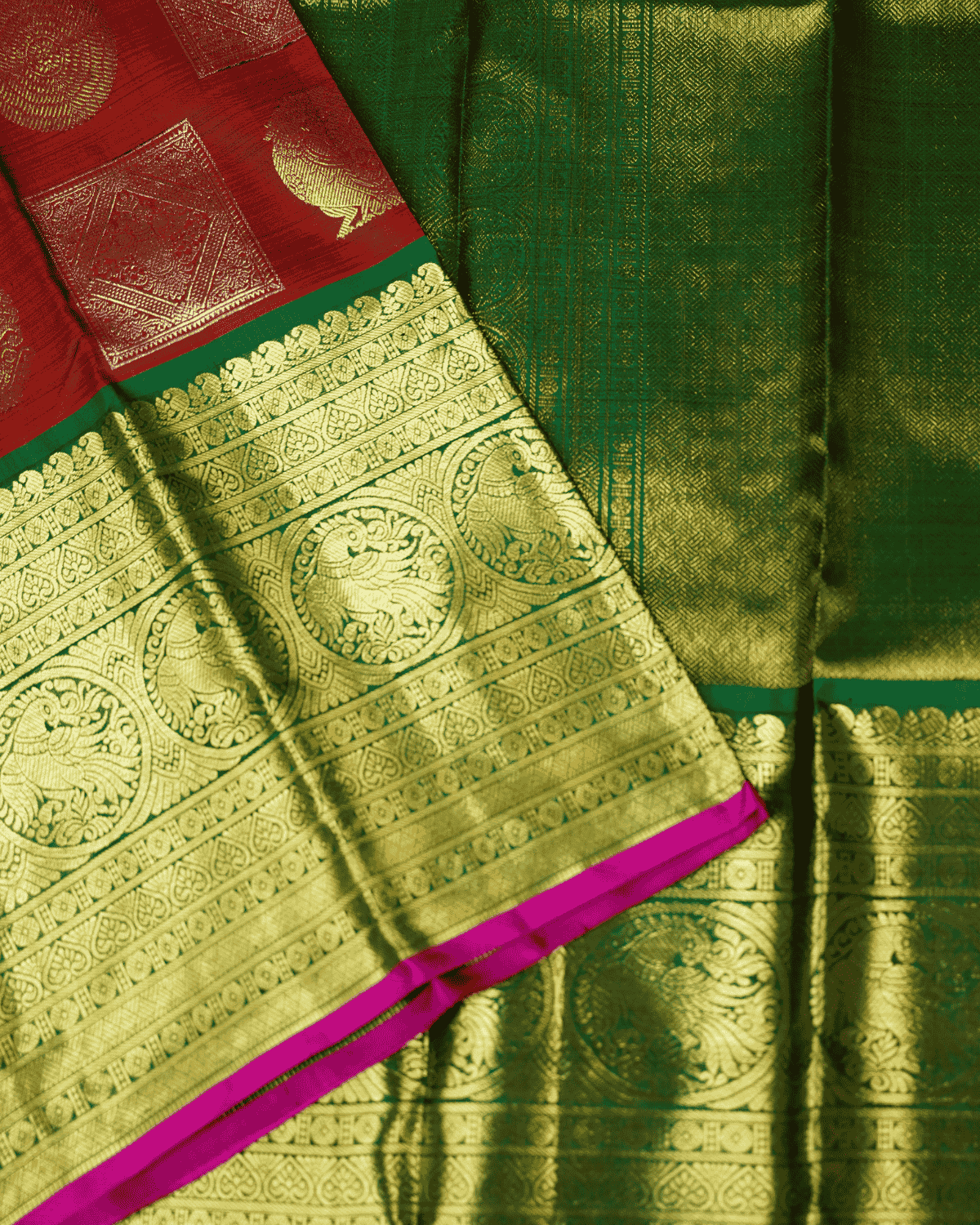 Rust Silk Saree with Green Border and One Gram Gold Zari – Rust Colour Korvai Border Traditional Silk Sari with Peacock and Square Butta with Gold and silver colour zari, 100% Silkmark Certified Silk