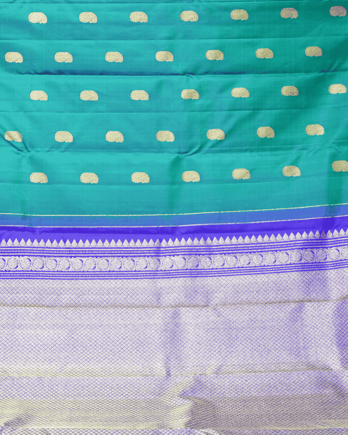 Peacock Blue & Blue Kanchipuram Silk Saree with Majestic Rettai Double Border, Intricate Mango Butta Motifs, and One Gram Gold Zari