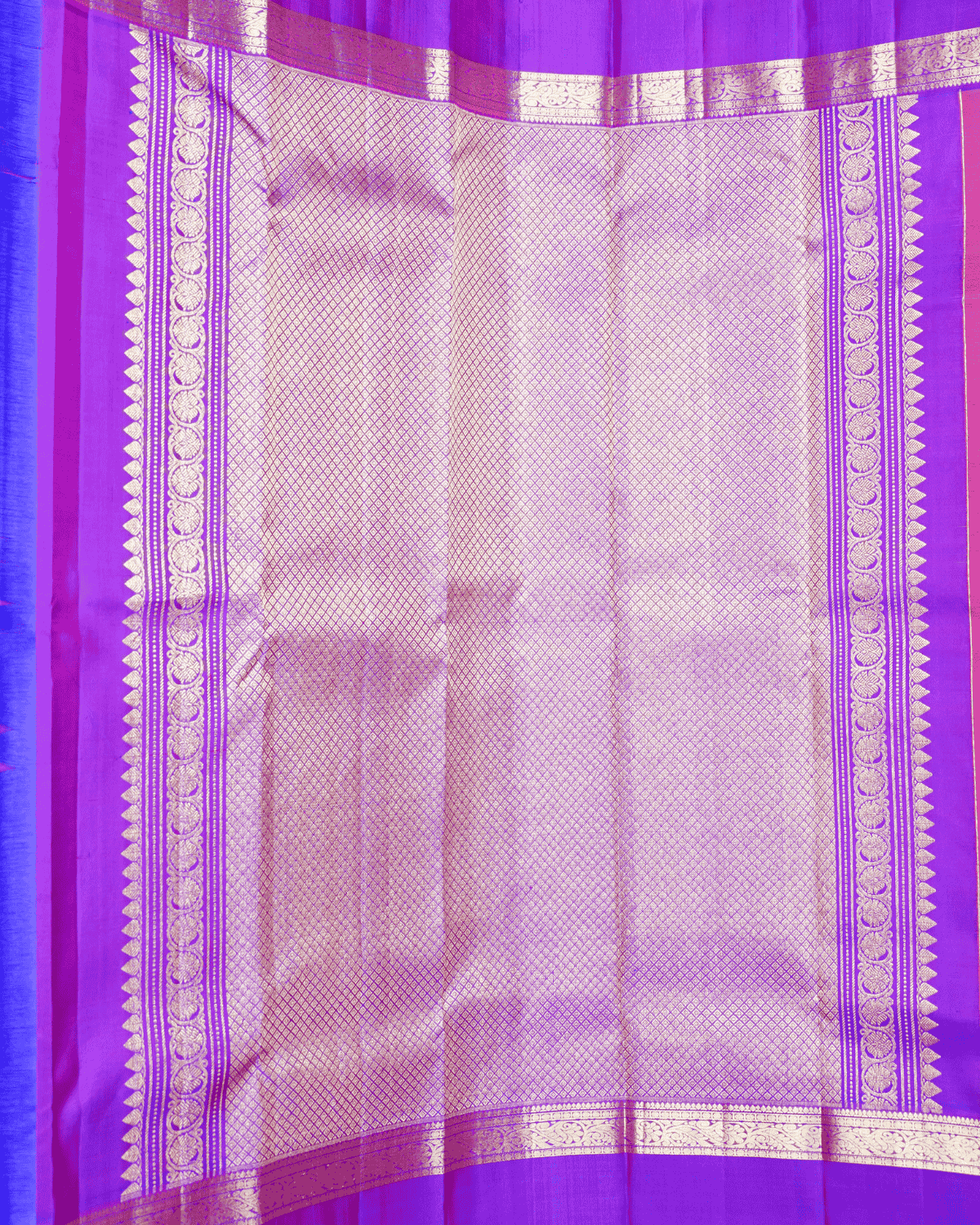 Luxurious Kanchipuram Silk Saree in Vibrant Orangish Pink & Violet with Dual Rettai Border, Mango Butta Motifs, and Premium One Gram Gold Zari