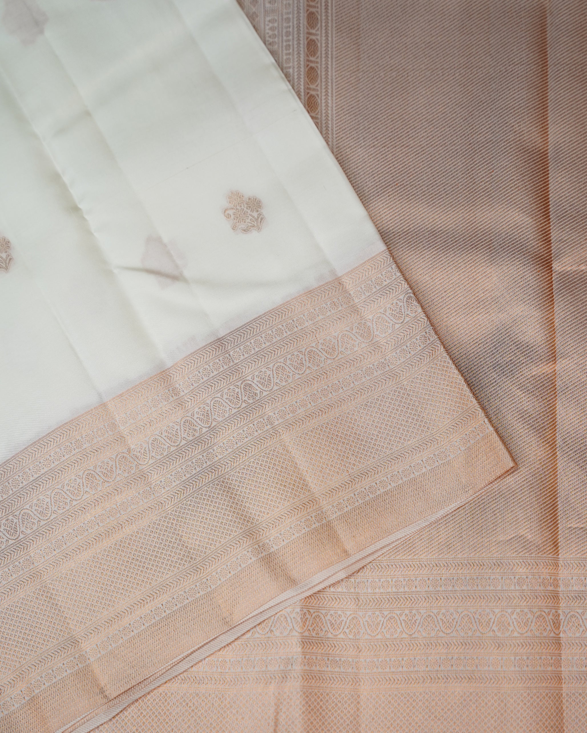 Turning Border Half White Antique Copper Color Zari Silk Saree