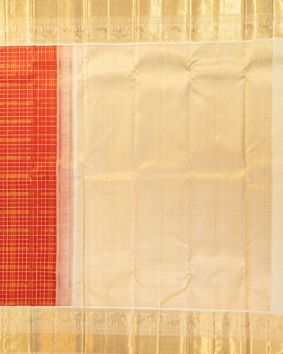Red Korvai Kanchipuram Silk Saree with White/Cream Border, 2Gm Gold Zari & Thread Checks, 100% Pure Silk Silkmark Certified