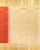 Red Korvai Kanchipuram Silk Saree with White/Cream Border, 2Gm Gold Zari & Thread Checks, 100% Pure Silk Silkmark Certified