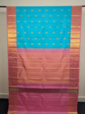  Elegant blue designer silk saree with delicate light pink Korvai traditional border