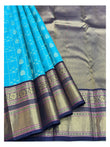 Aqua Blue Pure Silk Saree with Gold Check Buttas and Navy Contrast Zari Border front view