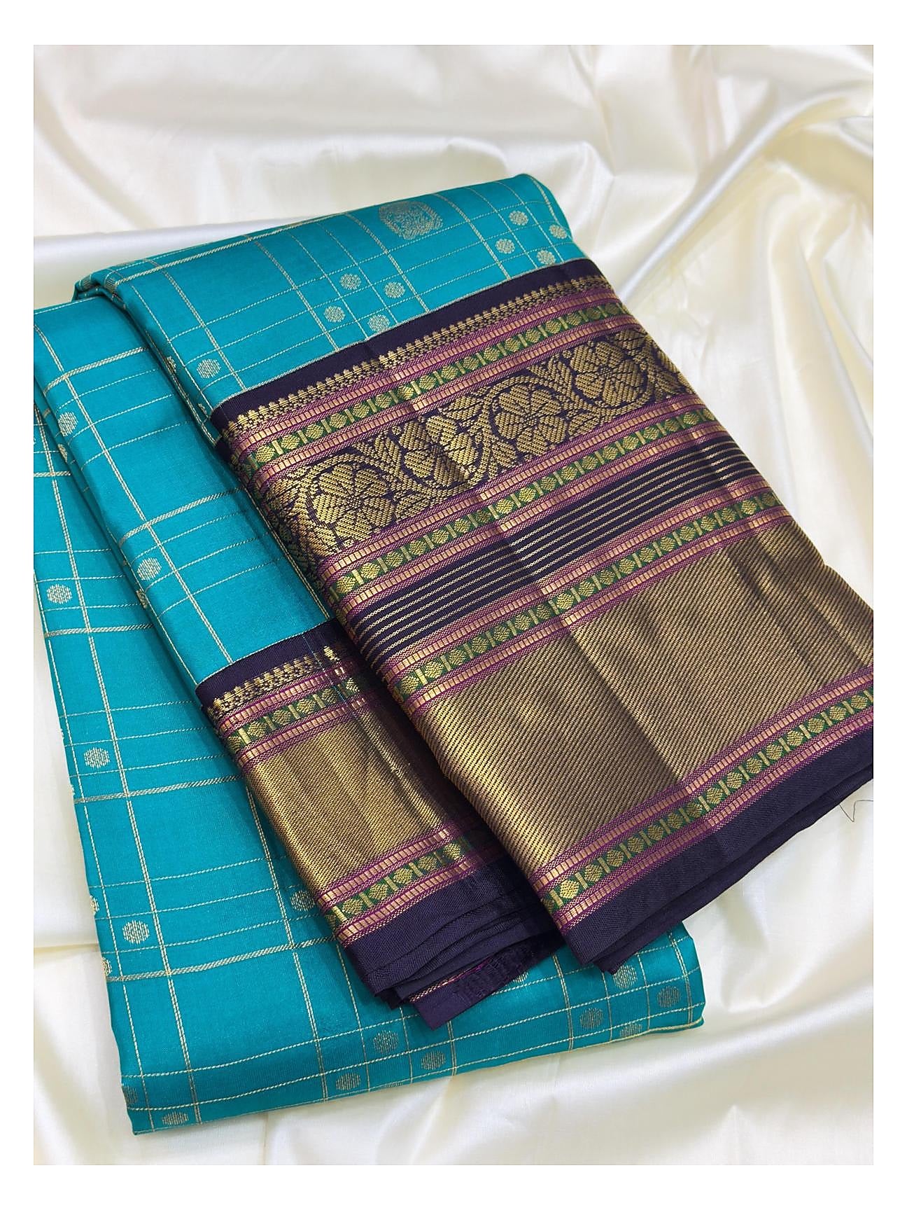 Aqua Blue Pure Silk Saree with Gold Check Buttas and Navy Contrast Zari Border