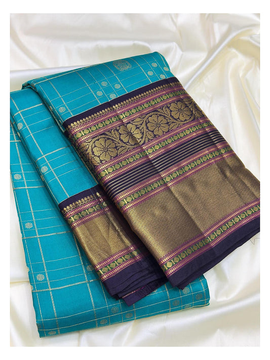 Aqua Blue Pure Silk Saree with Gold Check Buttas and Navy Contrast Zari Border