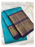 Aqua Blue Pure Silk Saree with Gold Check Buttas and Navy Contrast Zari Border